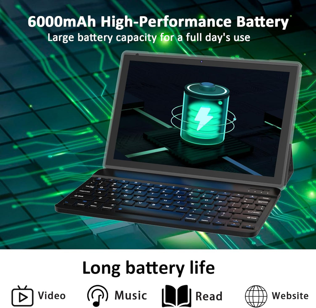Tablet Android 15 10 Inch 18GB RAM+128GB ROM/ 2TB Expandable Tablet, 1280 * 800 HD Touch Screen, 5G WiFi6 BT 5.0, 2 in 1 Tablets with Keyboard Case Mouse Stylus (Black)