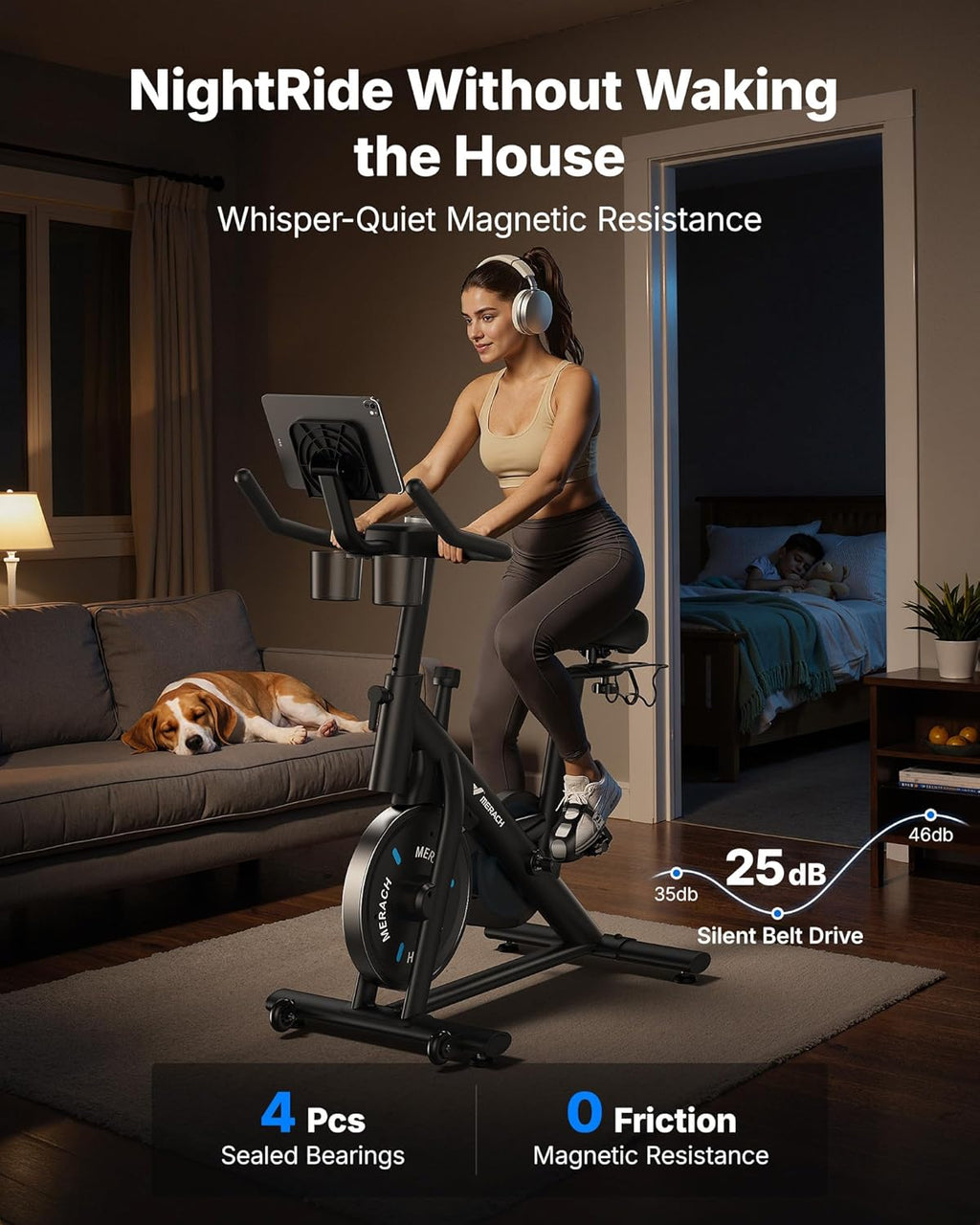 MERACH Exercise Bike, Brake Pad Stationary Bike with Exclusive App, Low Noise Indoor Cycling Bike with 300lbs Weight Capacity, Tablet Mount and Fitness Courses for Weight Loss