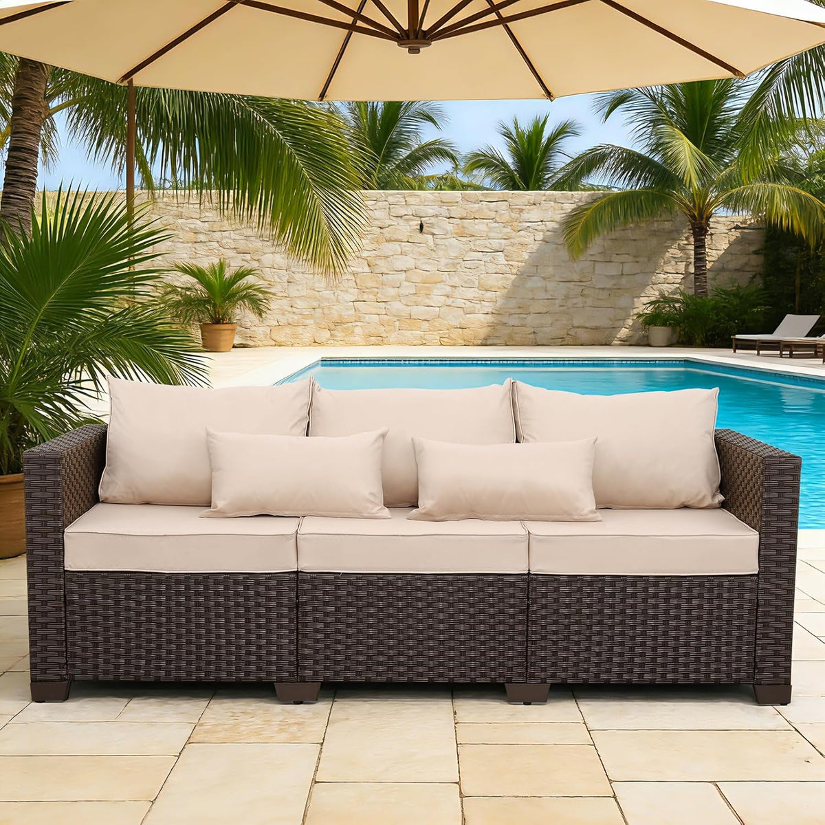 Rattan Star Outdoor Furniture Couch 3 Seater Sofa Outdoor Brown Wicker Sofa Deep Seat High Backrest Patio Couch with Non-Slip Cushions Waterproof Cover, Khaki