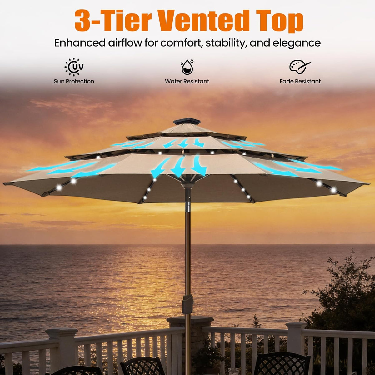 EliteShade USA 10-Year-Non-Fading 10ft 3-Tier Market Patio Umbrella, Commercial Table Umbrella with 80 Solar LED Lights, Crank Open, Windproof & UPF 50+ UV Protection for Garden, Deck, Pool, Backyard, Heather Beige