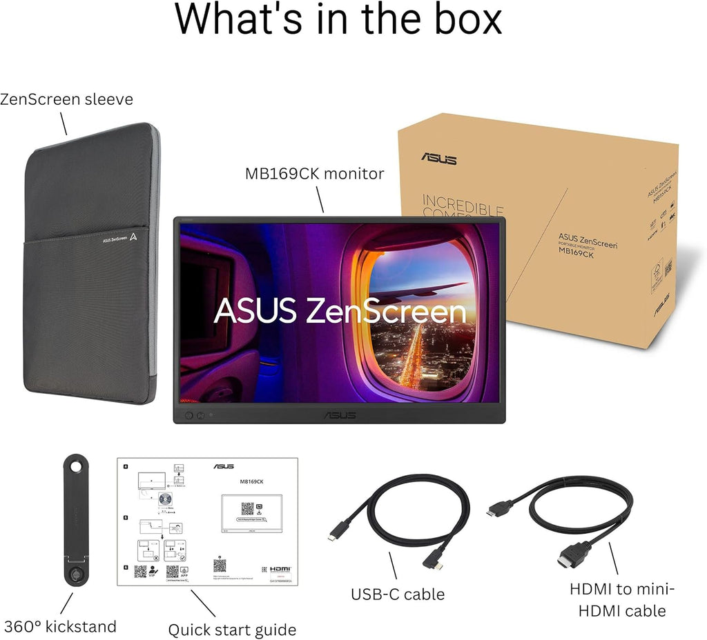 ASUS ZenScreen 15.6” Portable Monitor for Laptop (MB169CK) - Dual USB-C, Mini-HDMI, Plug & Play External Screen for Travel Dual Setup, Full HD, IPS, Anti-Glare Surface, 360° Kickstand, 3yr Warranty