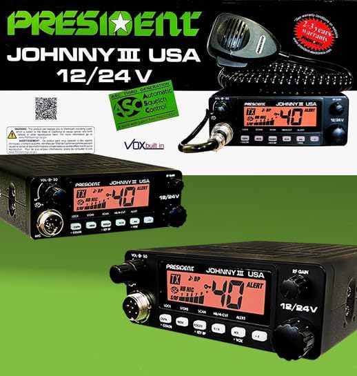 President Johnny III USA 40 Channel CB Radio 12 or 24V, Black