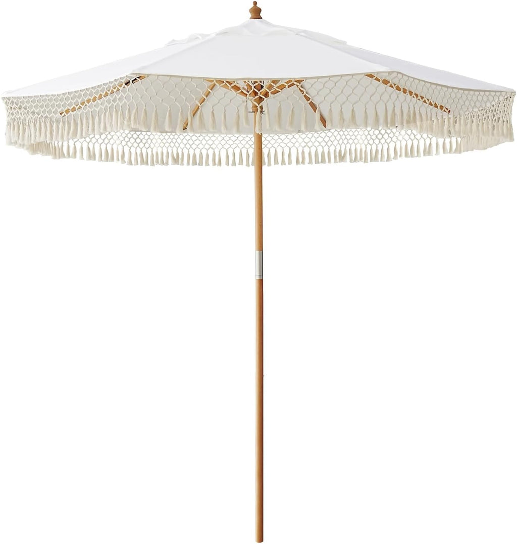 AMMSUN 8.5ft Luxury Premium Boho Patio Umbrella Wood Pole Fancy Bali-style Outdoor Umbrellas UPF 50+ Sun Protection with Pulley Lift Air Vent Tassel Fringe for Garden, Pool, Deck, Beach, Backyard, Events