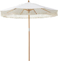 AMMSUN 8.5ft Luxury Premium Boho Patio Umbrella Wood Pole Fancy Bali-style Outdoor Umbrellas UPF 50+ Sun Protection with Pulley Lift Air Vent Tassel Fringe for Garden, Pool, Deck, Beach, Backyard, Events