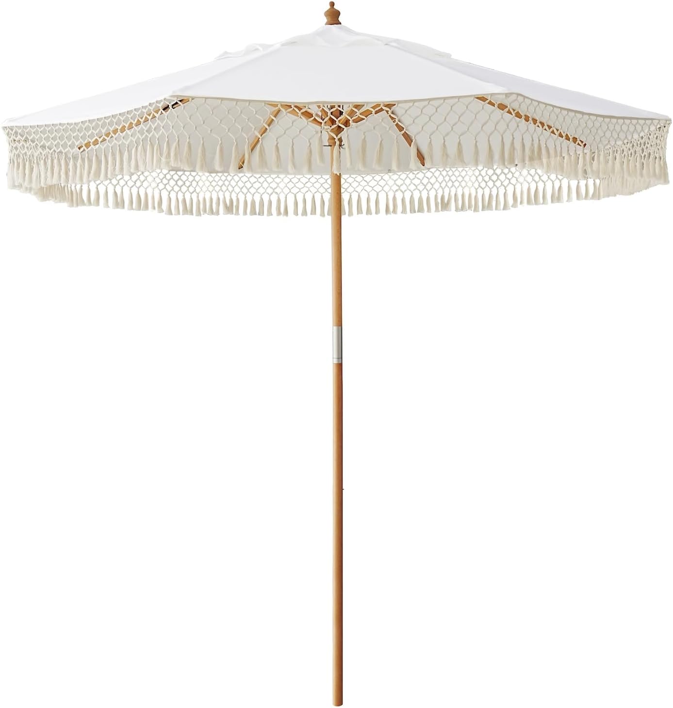 AMMSUN 8.5ft Luxury Premium Boho Patio Umbrella Wood Pole Fancy Bali-style Outdoor Umbrellas UPF 50+ Sun Protection with Pulley Lift Air Vent Tassel Fringe for Garden, Pool, Deck, Beach, Backyard, Events