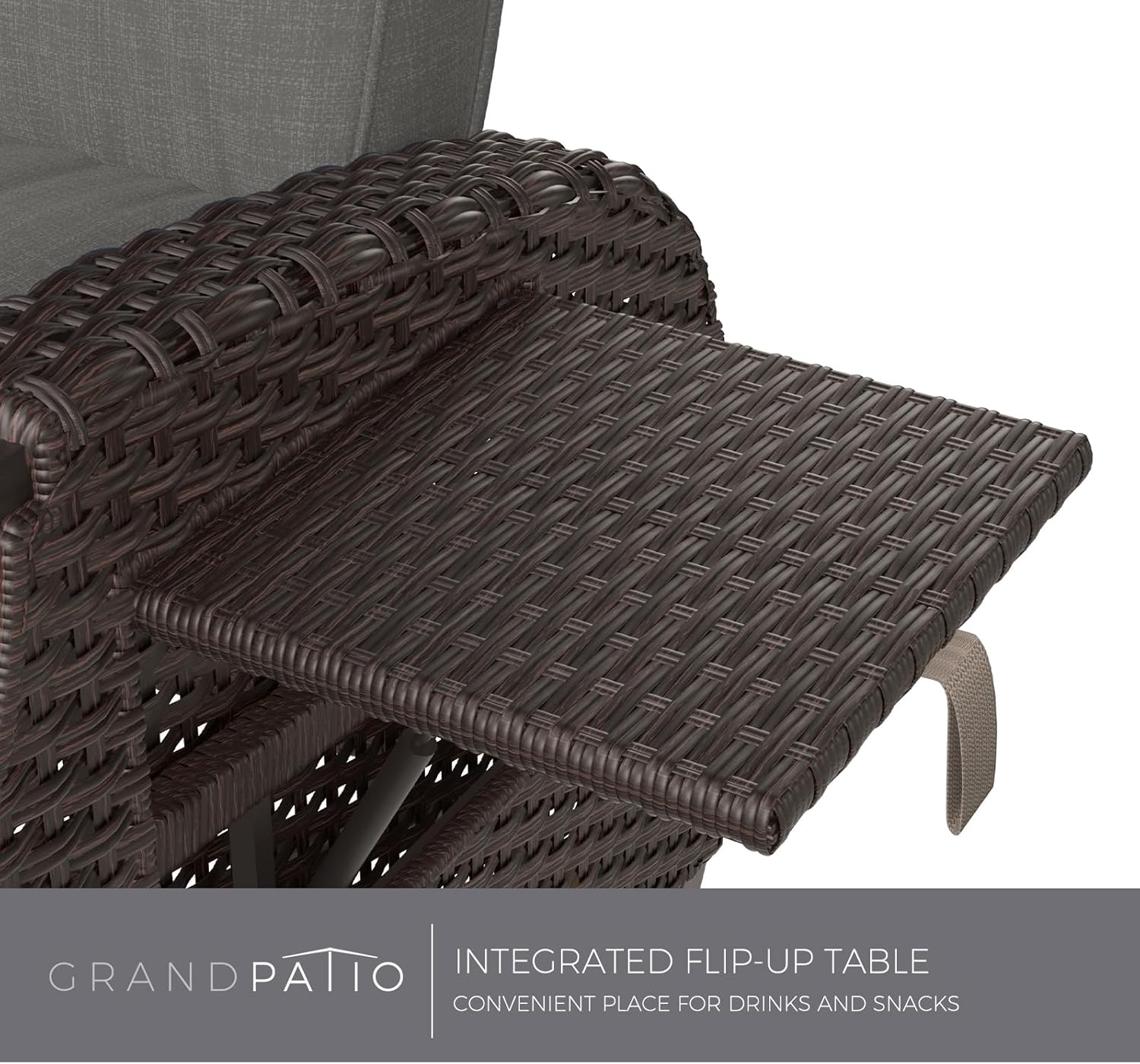 Grand patio Outdoor Recliner with Independent Adjustable Back and Footrest, Air Pump 150° Lay Flat Reclining Chair Removable Olefin Cushion Flip-Up Table Wicker Grey 1PC
