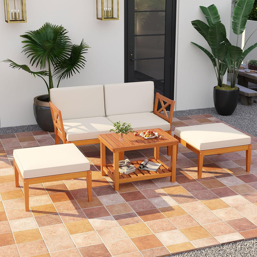 Tangkula 5 Pieces Patio Lounge Chair Set w/Ottomans, Acacia Wood Patio Conversation Set w/Cushions, Coffee Table, Modular Outdoor Lounge Sofa Set for Lawn, Backyard, Poolside