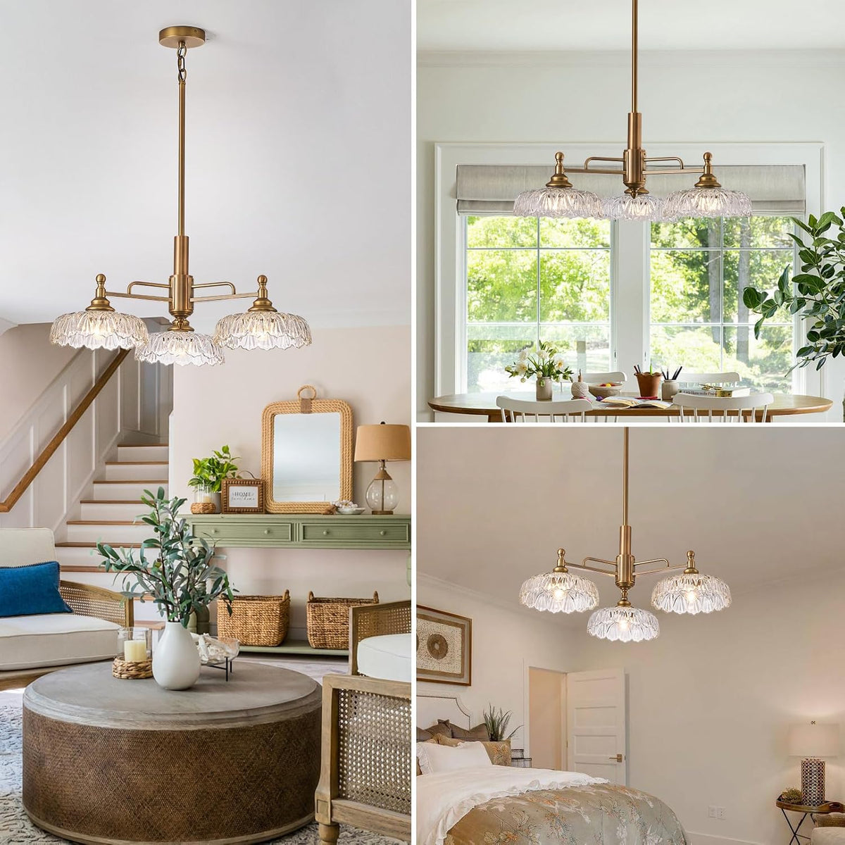 HDDFL Chandelier Pendant Lights Fixture Vintage Pendant Lighting Fixtures 3 Lights Chandelier E26 Base Brass Kitchen Glass Hanging Lamp for Island Dining Room Living Room