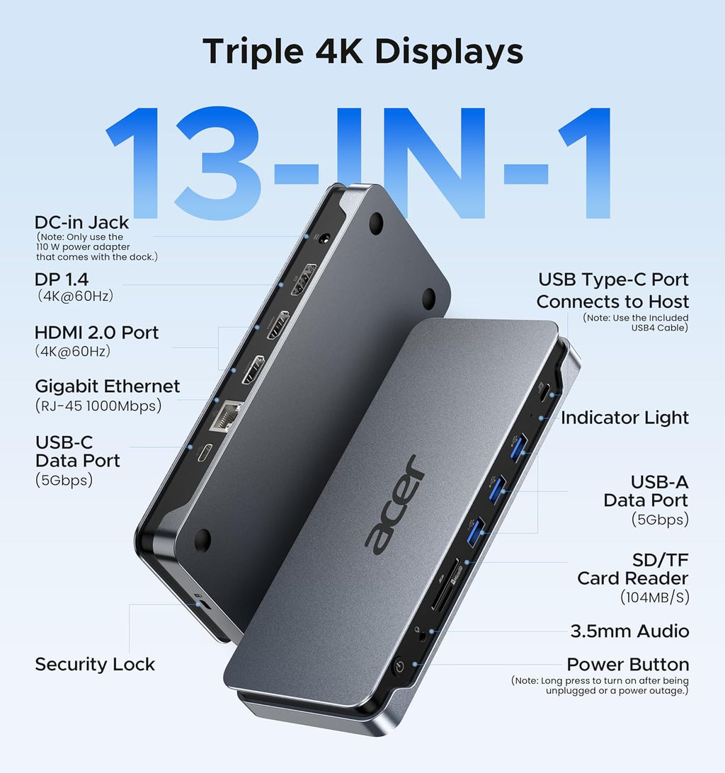 Acer Premium 13-in-1 Docking Station with 110W PD & Triple Monitor Support | Dual 4K HDMI and DP,5Gbps USB A/C,Gigabit Ethernet,Security Lock | Laptop Docking Station for Windows/Dell/HP/Lenovo/Asus