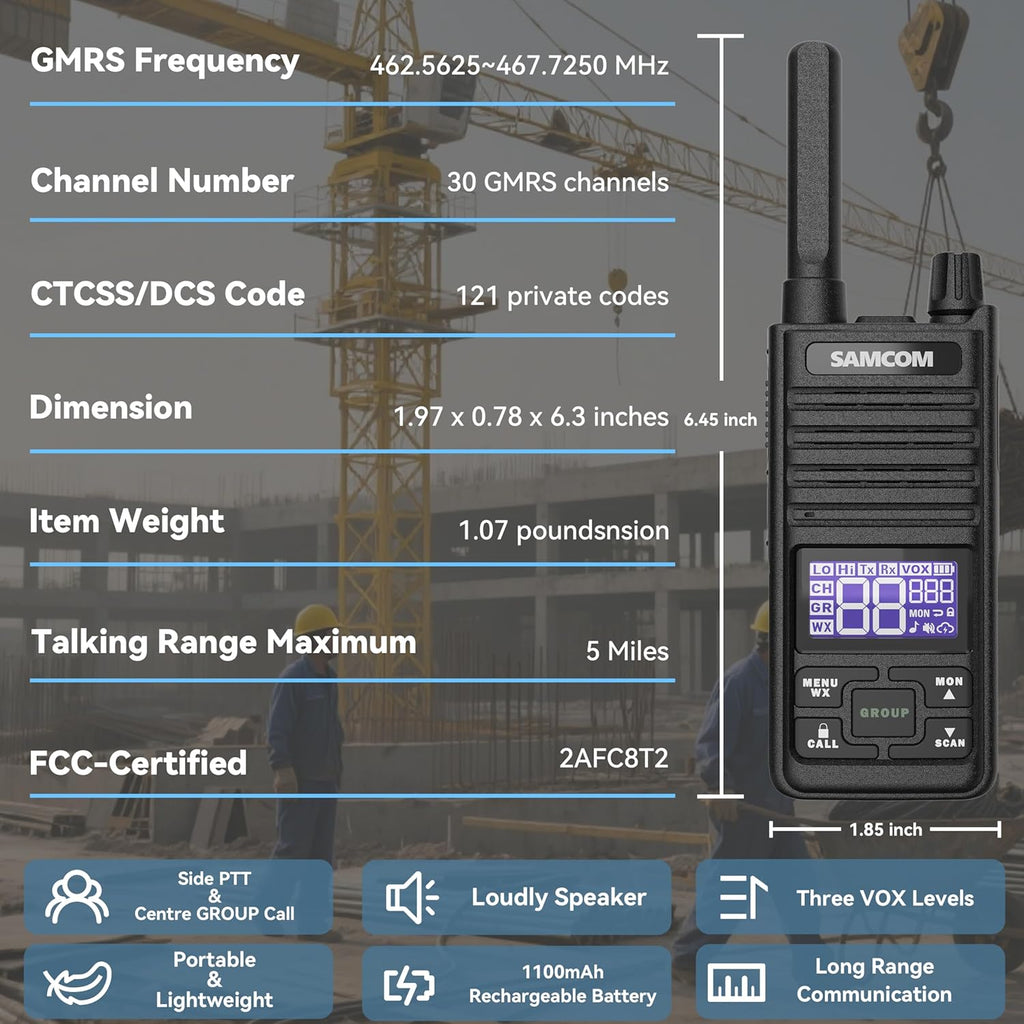 SAMCOM T2 GMRS Radio 2W Long Range Walkie Talkie NOAA Weather Rechargeable Heavy Duty Two Way Radio,Group Call Radios Walkie-talkies with Earpiece, USB-C Charger, Flashlight,4 Packs