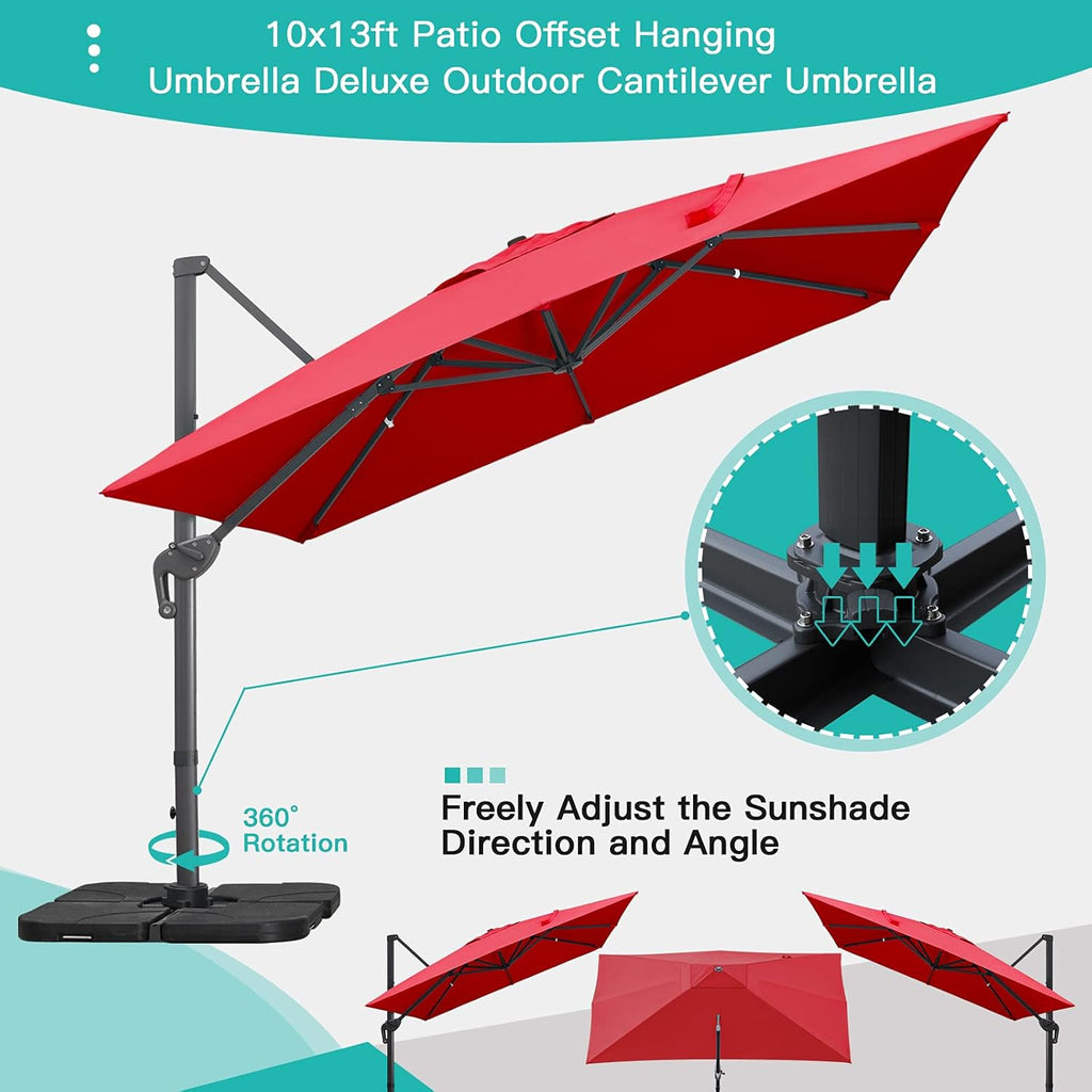 Sunnyglade 10x13Ft Cantilever Patio Umbrella Rectangular Deluxe Offset Umbrella 360°Rotation & Integrated Tilting System Patio Hanging Umbrella for Market Garden Deck Pool Backyard Patio(Red)