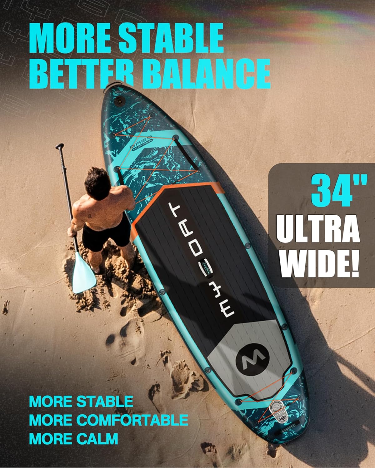 MYBOAT 11'6"×34"×6" Extra Wide Inflatable Paddle Board, Stand Up Paddle Board for Fishing, Sup Board with 3 Removable Fins, Dual Bungees, Camera Mount, Hand Pump, Strong Paddle,Leash