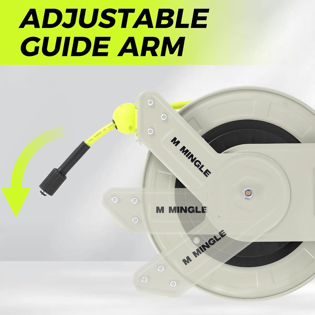 M MINGLE Retractable Pressure Washer Hose Reel, 1/4" × 100ft Heavy Duty Professional Hose Reel, Auto Rewind Power Washer Hose Reel, Wall/Floor Mounted, 3600 PSI