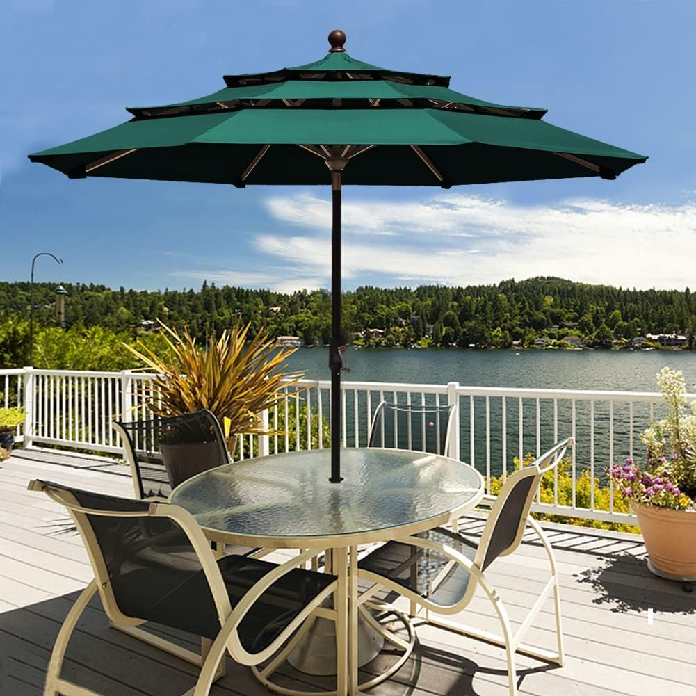 EliteShade USA 10-Year-Non-Fading 9ft 3-Tier Market Patio Umbrella, Commercial Grade Outdoor Table Umbrella with Crank Open, Windproof & UPF 50+ UV Protection, Heavy Duty Ventilation for Garden, Deck, Pool, Backyard, Beach & Bistro, Forest Green