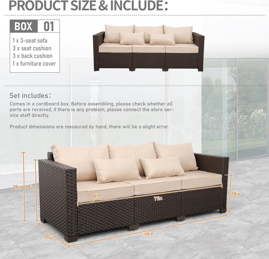 Rattan Star Outdoor Furniture Couch 3 Seater Sofa Outdoor Brown Wicker Sofa Deep Seat High Backrest Patio Couch with Non-Slip Cushions Waterproof Cover, Khaki
