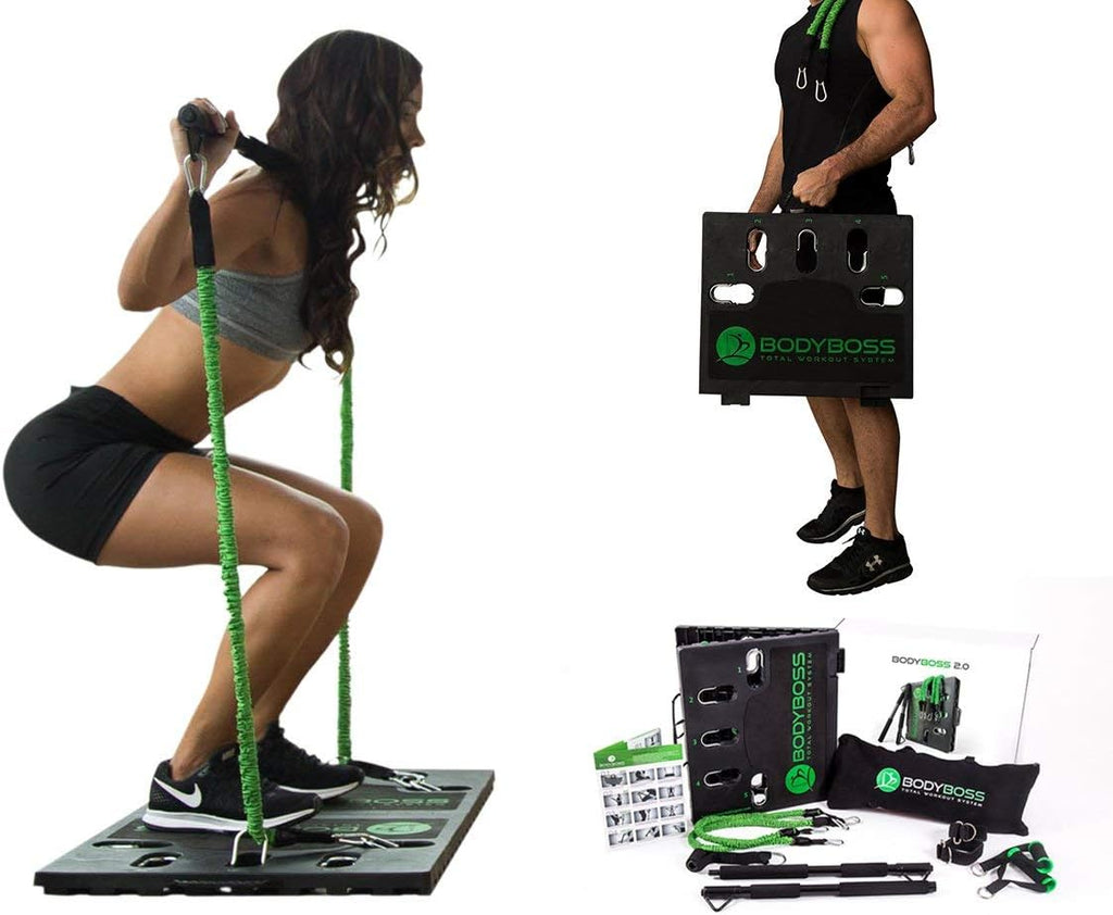 BodyBoss 2.0 - Full Portable Home Gym Workout Package + Resistance Bands - Collapsible Resistance Bar PKG4-Green