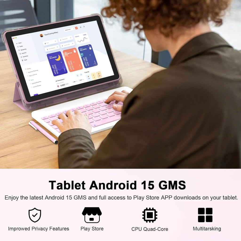 CUPEISI Android 15 Tablet 10 Inch, 20GB RAM+128GB ROM/ 2TB Expandable, 2.0GHz Quad-core Processor, 1280*800 HD Screen, 5G WiFi6 BT 5.0, 2 in 1 Tablets with Keyboard Case Mouse Stylus, Widevine L1 Pink