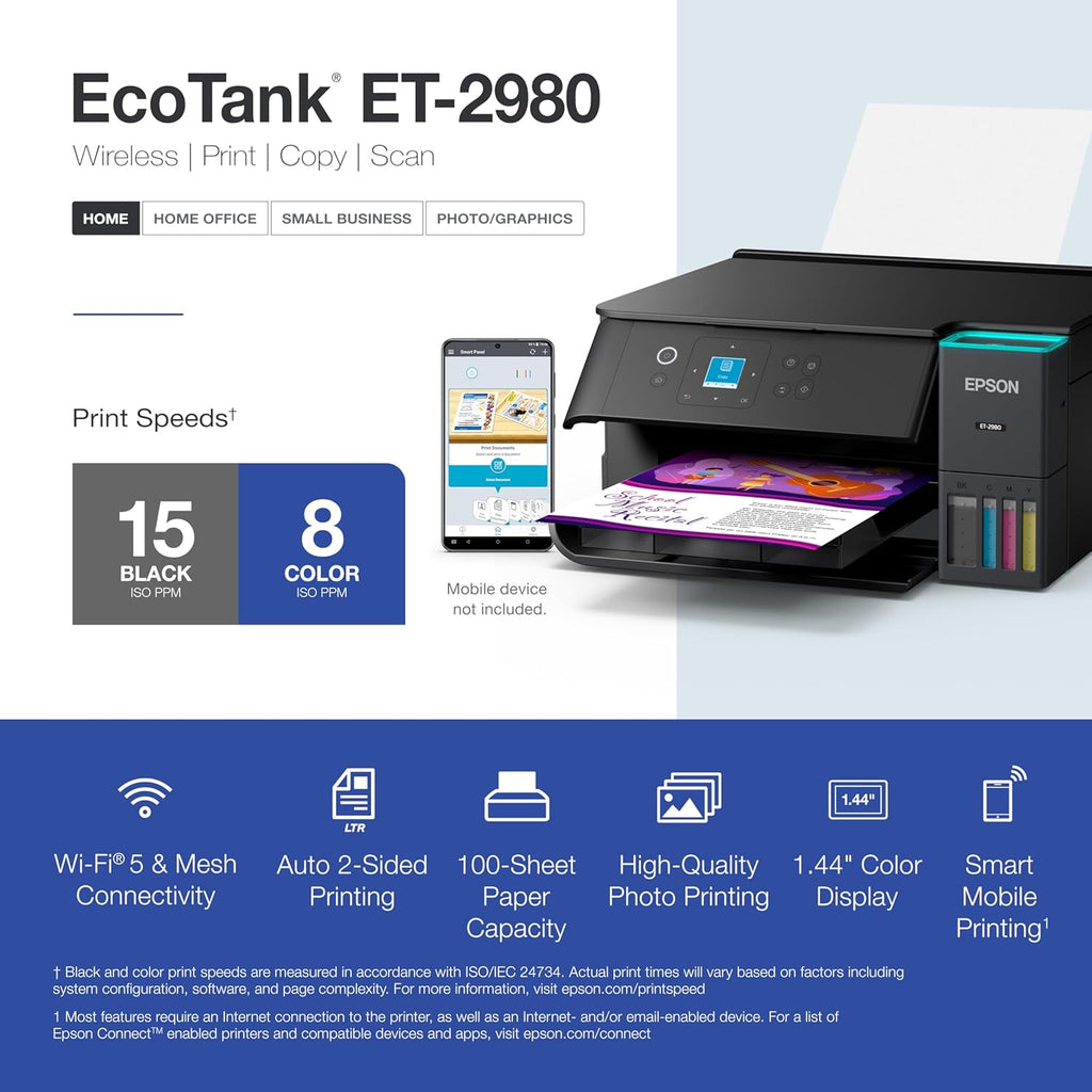 Epson EcoTank ET-2980 Wireless All-in-One Color Supertank Printer with up to 3 Years of Ink Refillable Tanks, Perfect for Home, 15 PPM, 1.44" Colorful Screen, Auto 2-Sided Printing - Black
