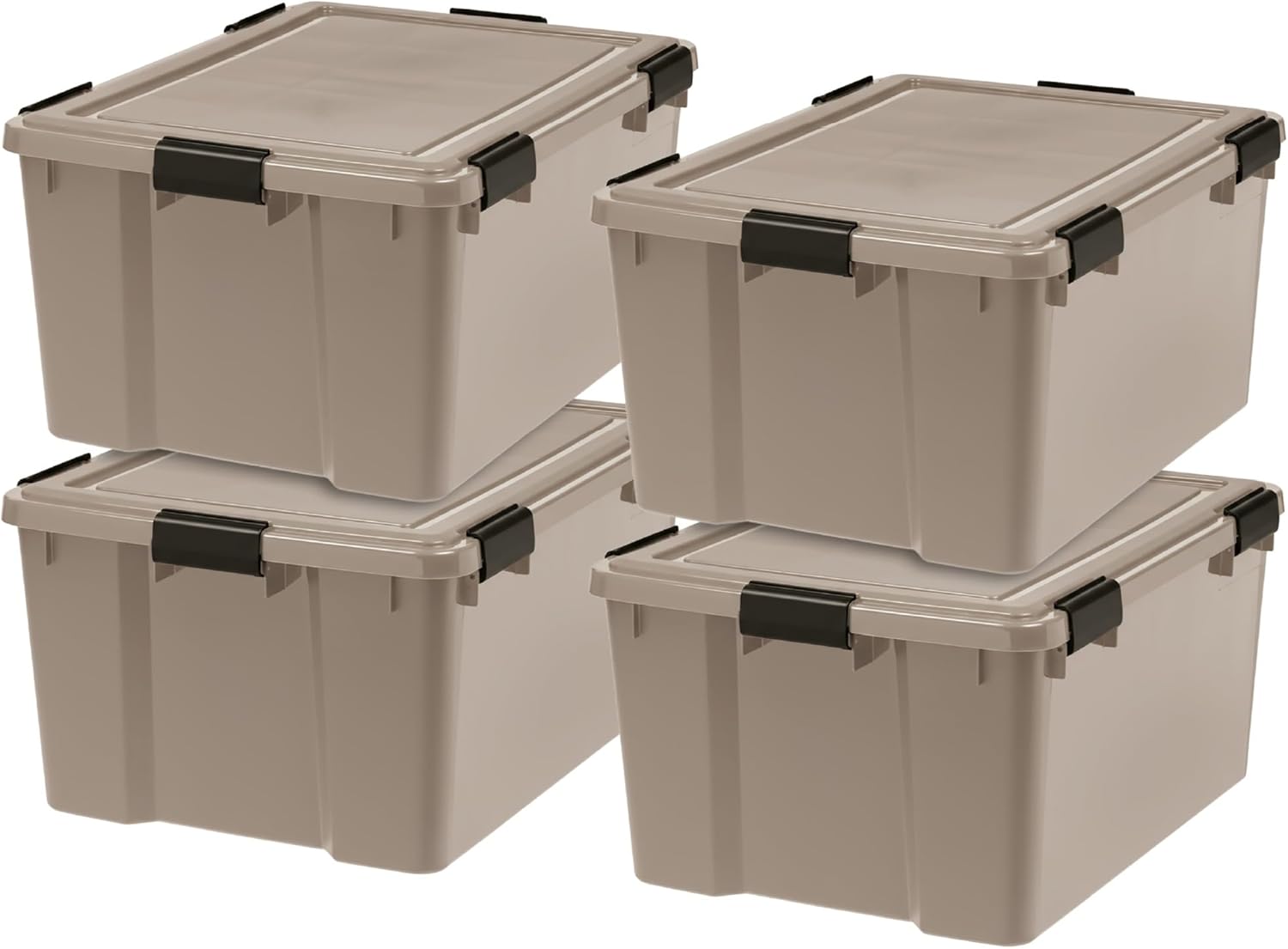 IRIS USA 4-Pack WeatherPro Gasket Box, 63 Quart Weather Resistant Storage Bins with Latching Lids, Heavy Duty Organizing Containers for Closet, Bathroom, and Office - Tan