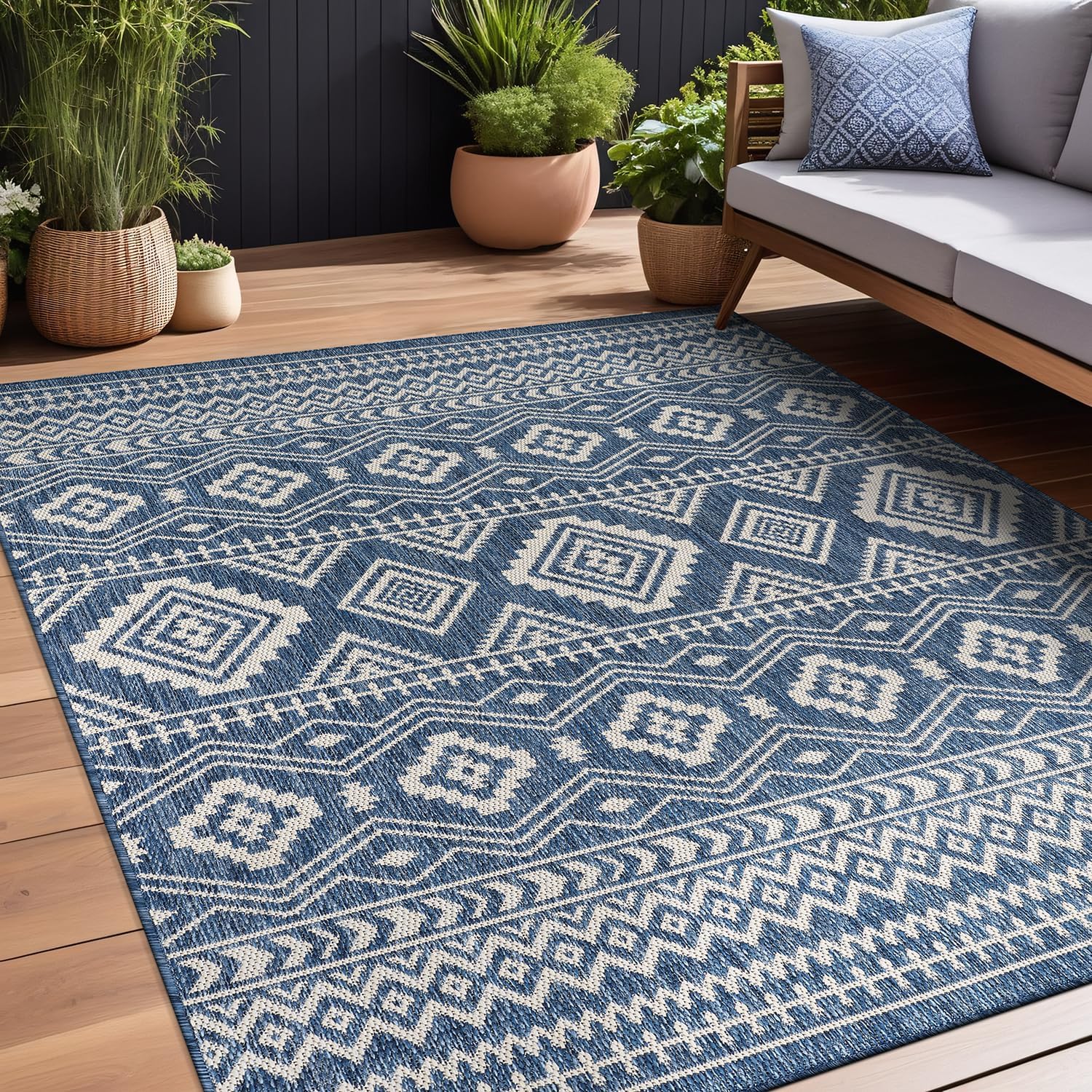 Beverly Rug Waikiki Boho Indoor Outdoor Rug 9x12, Washable Outside Carpet for Patio, Deck, Porch, Bohemian Area Rug, Farmhouse Rugs, Aztec Tribal Rug, Azure and White