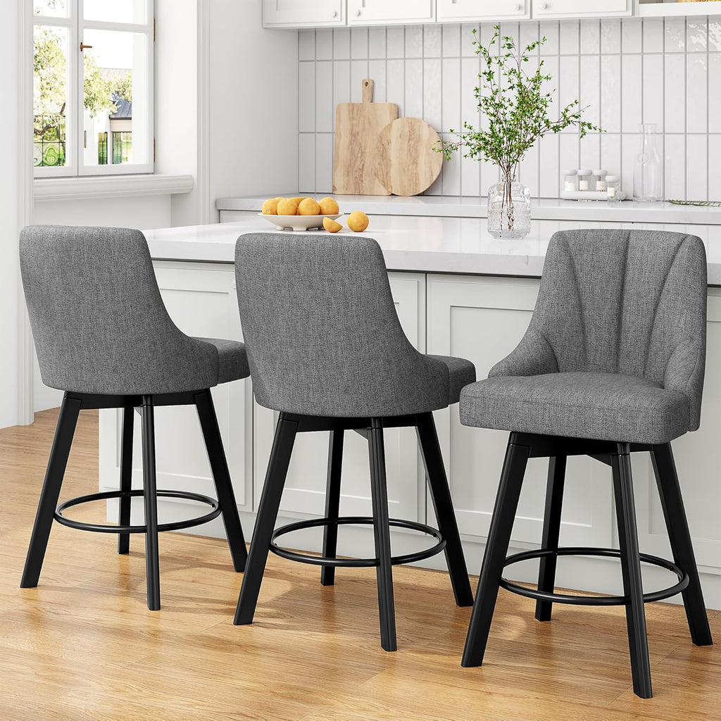 YaFiti Swivel Bar Stools with Backs, 24" Counter Height Bar Stools Set of 2, Fabric Upholstered Counter Barstools with Solid Wood Legs for Kitchen Island, Home Bar, Dark Gray