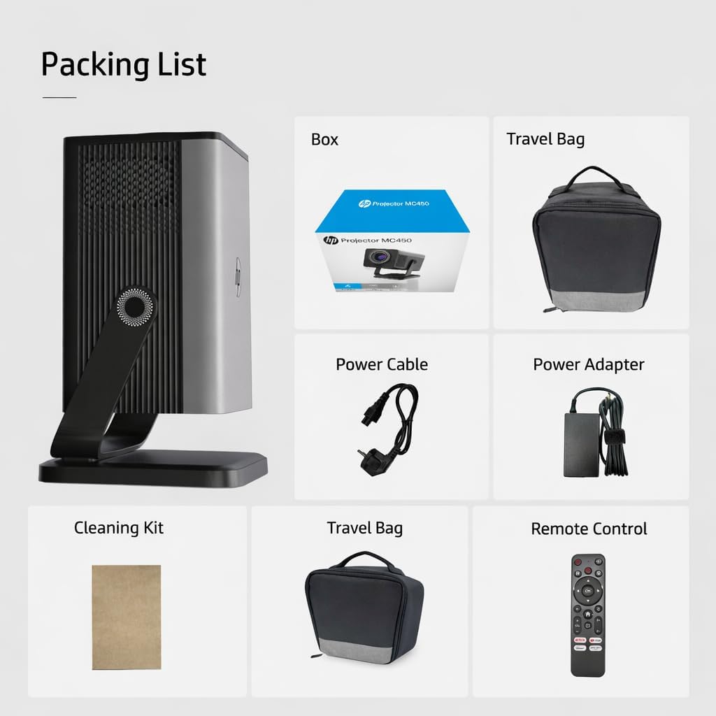 HP MC450 Smart Mini Portable Projector with WiFi & Bluetooth, Official Licensed Apps, Short Throw Projector with 4K Support, Voice Control, USB-C, Movie Projector for Bedroom & Outdoor