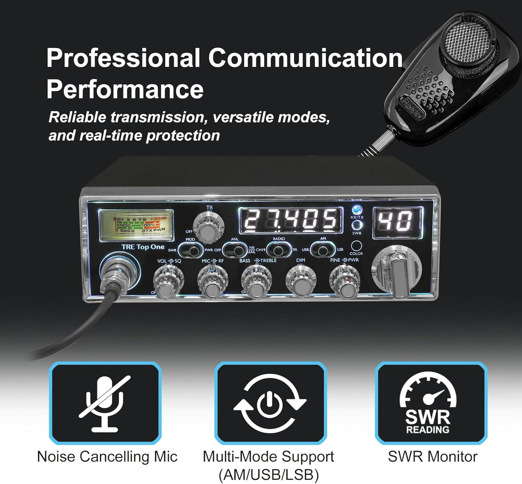 Texas Ranger TRE Top One SSB Compact CB Radio for Truckers | 12W PEP Sideband (USB/LSB) | Built-in SWR Meter & Frequency Counter | 40 Channel AM/SSB Transceiver | SRA-198NC Noise Cancelling Mic