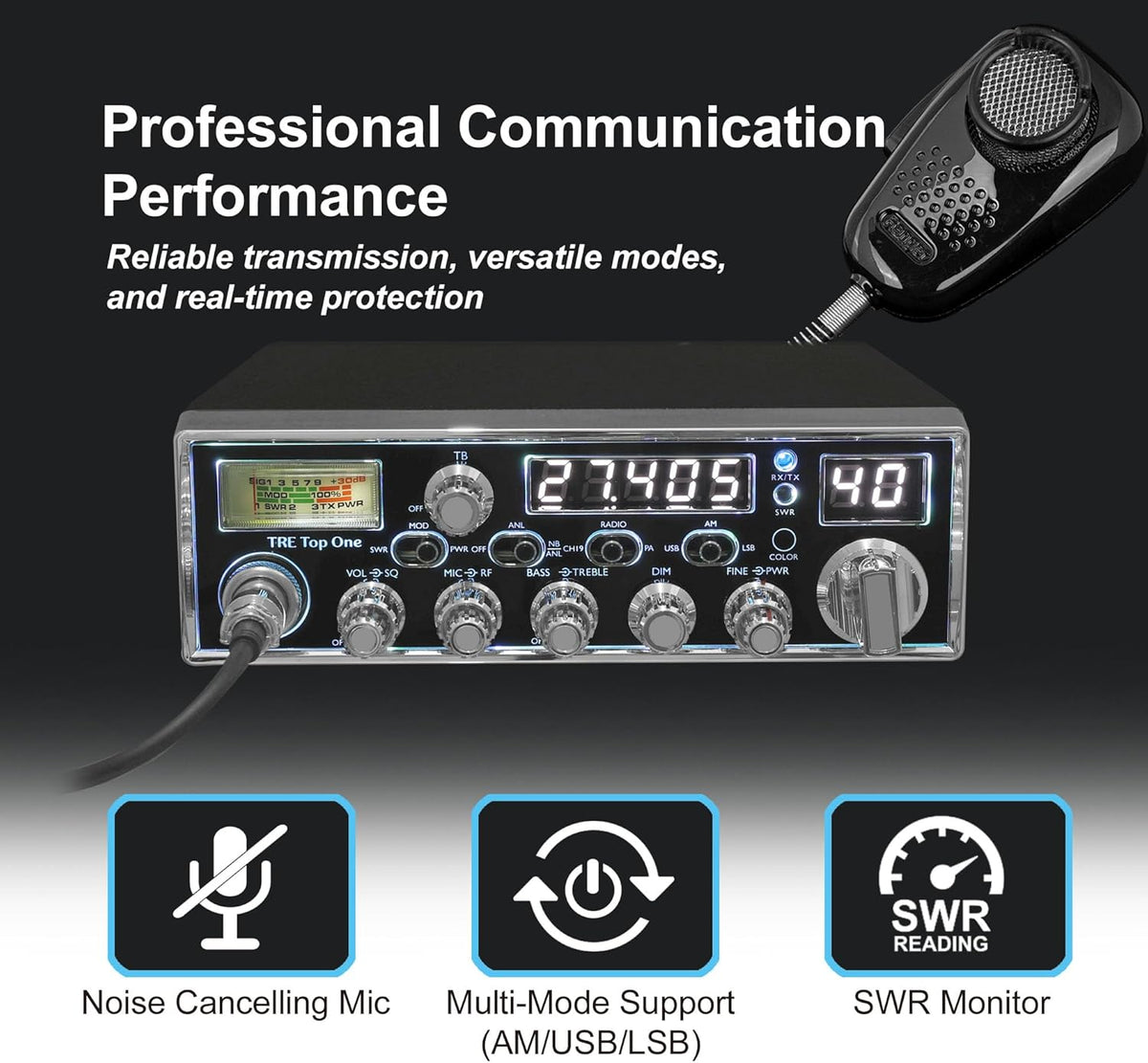 Texas Ranger TRE Top One SSB Compact CB Radio for Truckers | 12W PEP Sideband (USB/LSB) | Built-in SWR Meter & Frequency Counter | 40 Channel AM/SSB Transceiver | SRA-198NC Noise Cancelling Mic