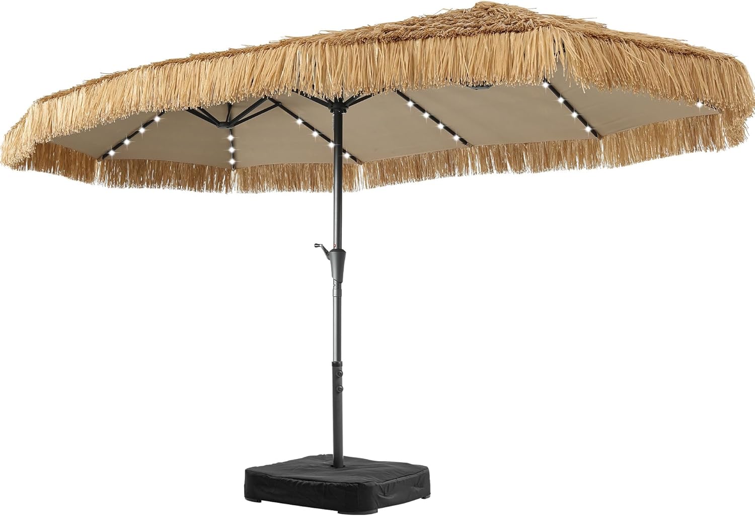 15 ft Patio Tiki Umbrella with 48 LED Lights, Large Rectangle Outdoor Solar Umbrella with Matching Base for Market, Beach, Garden, Yard