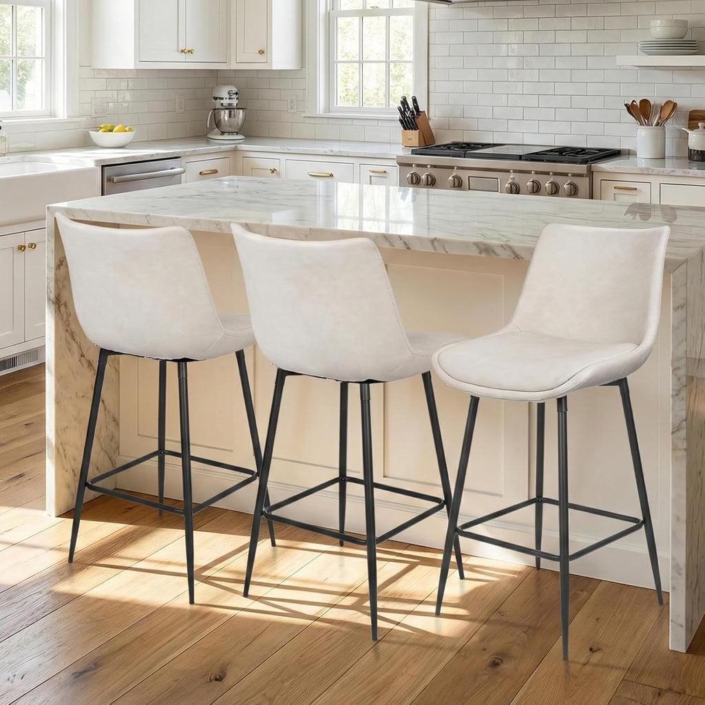 Counter Height Bar Stools Set of 3, FSC Certified Upholstered Faux Leather Barstools with Back, Metal Base, 27" Seat Height, Modern Upholstered Counter Stools for Kitchen Island,(Beige