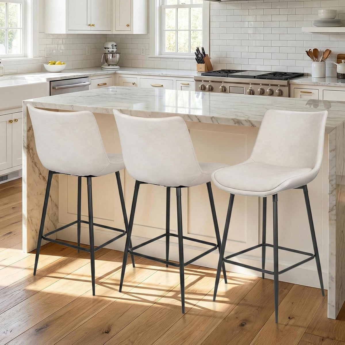 Counter Height Bar Stools Set of 3, FSC Certified Upholstered Faux Leather Barstools with Back, Metal Base, 27" Seat Height, Modern Upholstered Counter Stools for Kitchen Island,(Beige