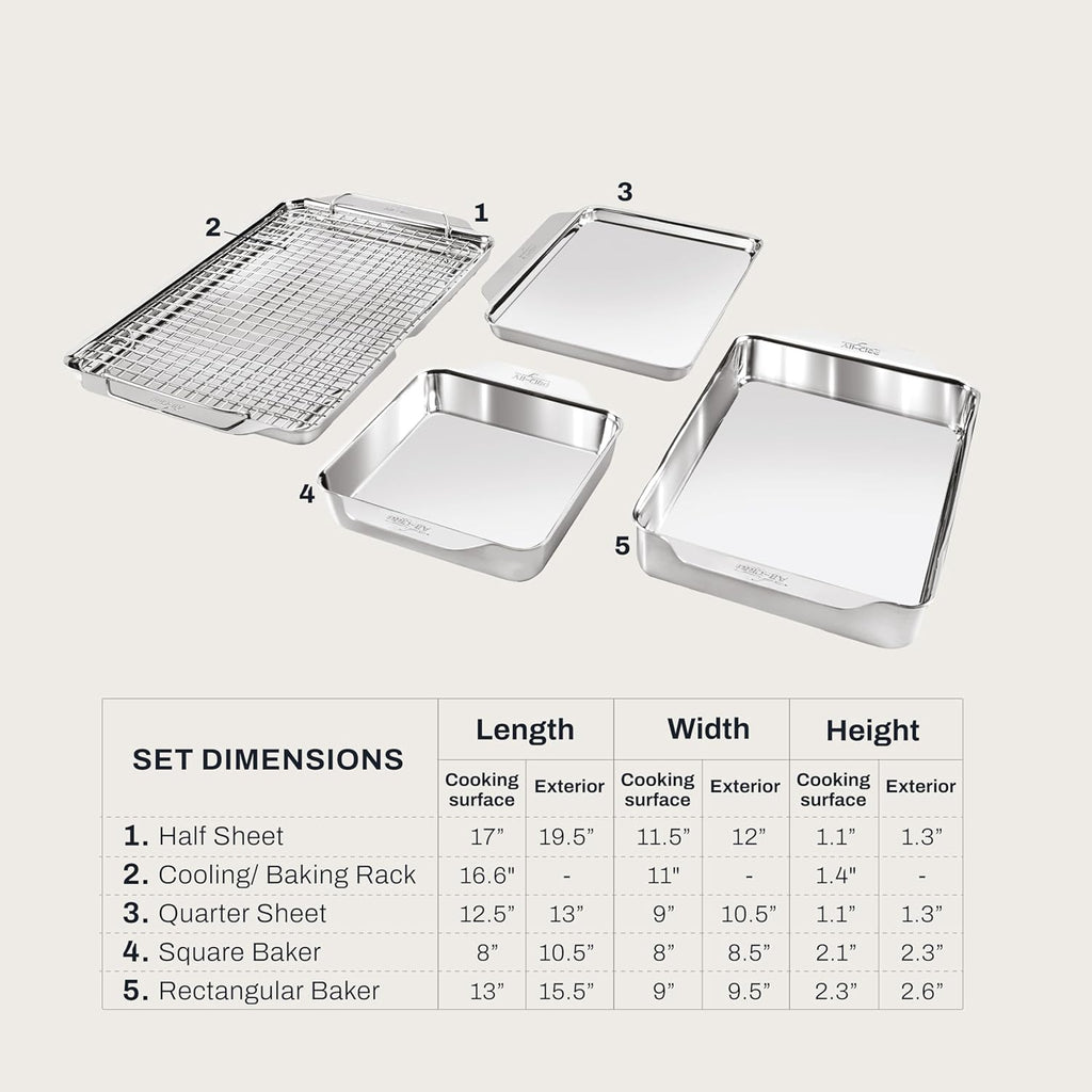 All-Clad Stainless Steel Baking Pans 5-Piece Set-Tri-ply Bonded for Consistent Baking- Includes Square and Rectangular Baking Pans, Baking Sheets, & Cooling Rack- Professional Stainless Steel Bakeware