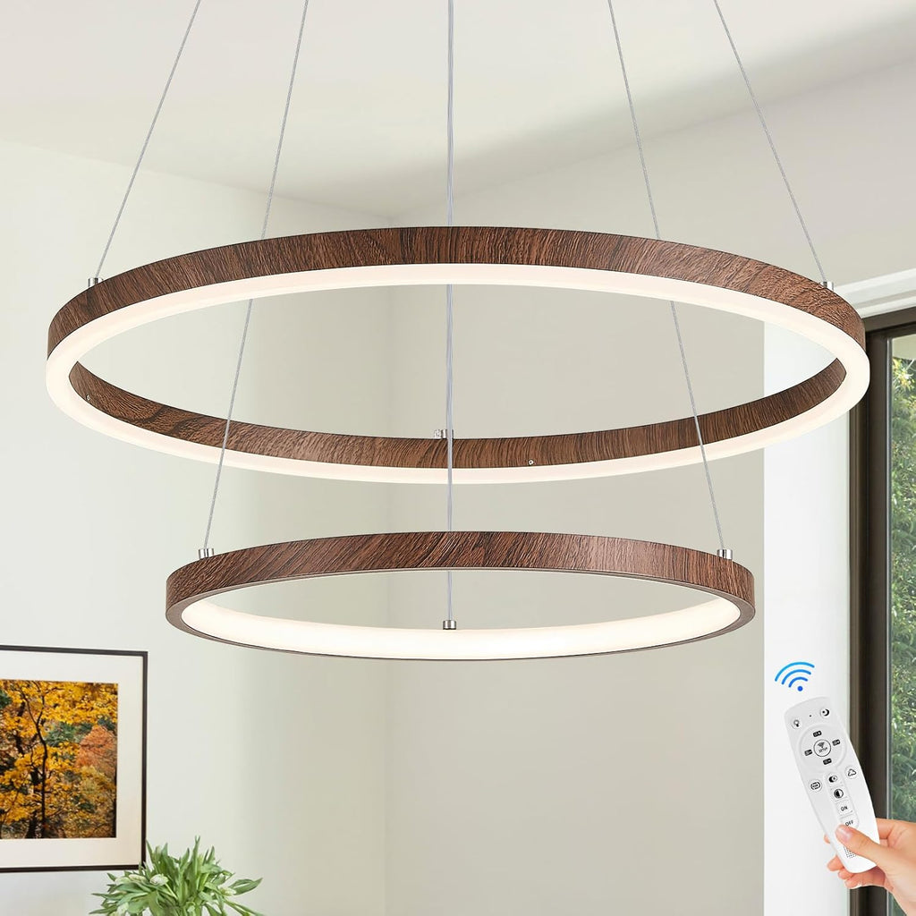 2 Rings Chandelier Modern LED Pendant Light for Dining Room Circular Round Chandelier Dimmable with Remote Wood Grain Hanging Ceiling Lights for Entryway Bedroom, 20 Inches 3000K-6500K