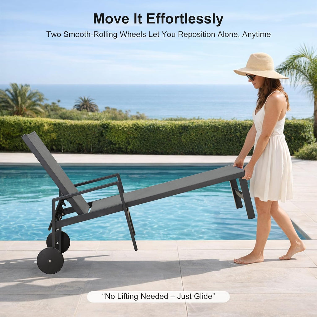 PURPLE LEAF 2 Pieces Outdoor Chaise Lounge Aluminum Patio Lounge Chair with Wheels and Armrests Outdoor Lounge Recliner Chair for Pool Backyard Beach Grey