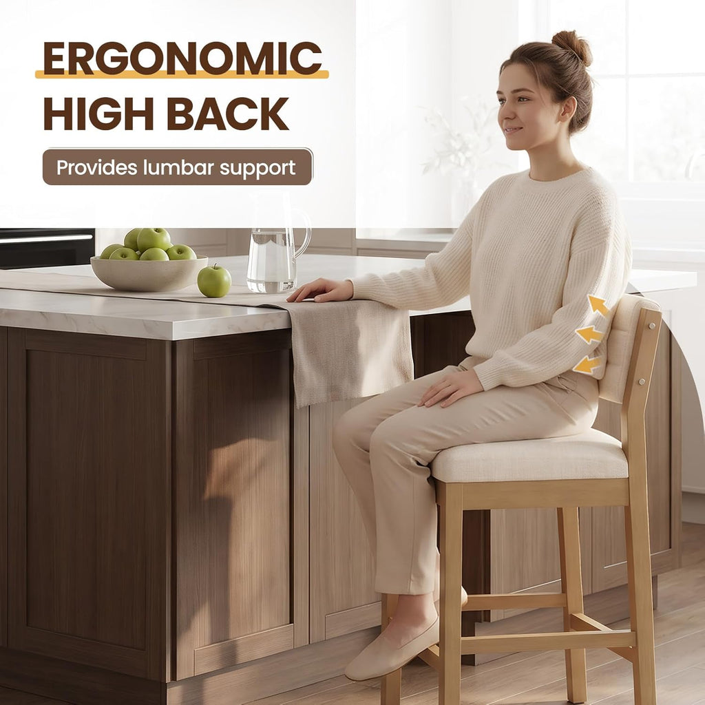 CIMOTA 26" H Counter Height Bar Stools Set of 2, Wooden Bar Stools with Backrest, Linen Upholstered Kitchen Island Stools, 330LBS Load Bar Chairs for Kitchen, Cafe, Restaurant