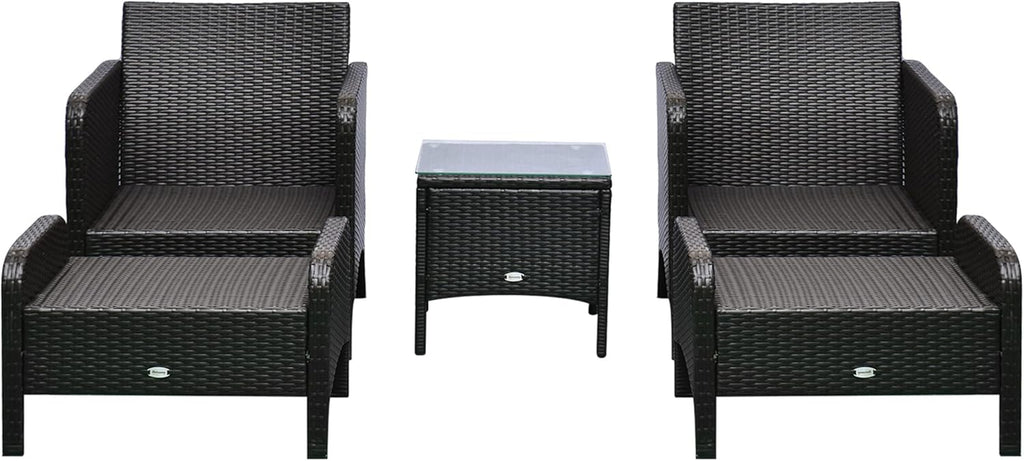 Outsunny 5 Pieces Rattan Wicker Lounge Chair Outdoor Patio Conversation Set with 2 Cushioned Chairs, 2 Ottomans and Tempered Glass Top Coffee Table, Brown/Blue