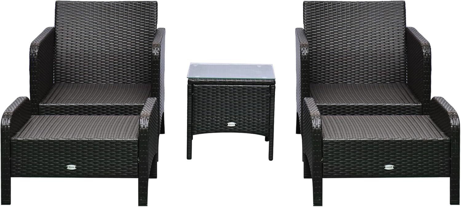 Outsunny 5 Pieces Rattan Wicker Lounge Chair Outdoor Patio Conversation Set with 2 Cushioned Chairs, 2 Ottomans and Tempered Glass Top Coffee Table, Brown/Blue