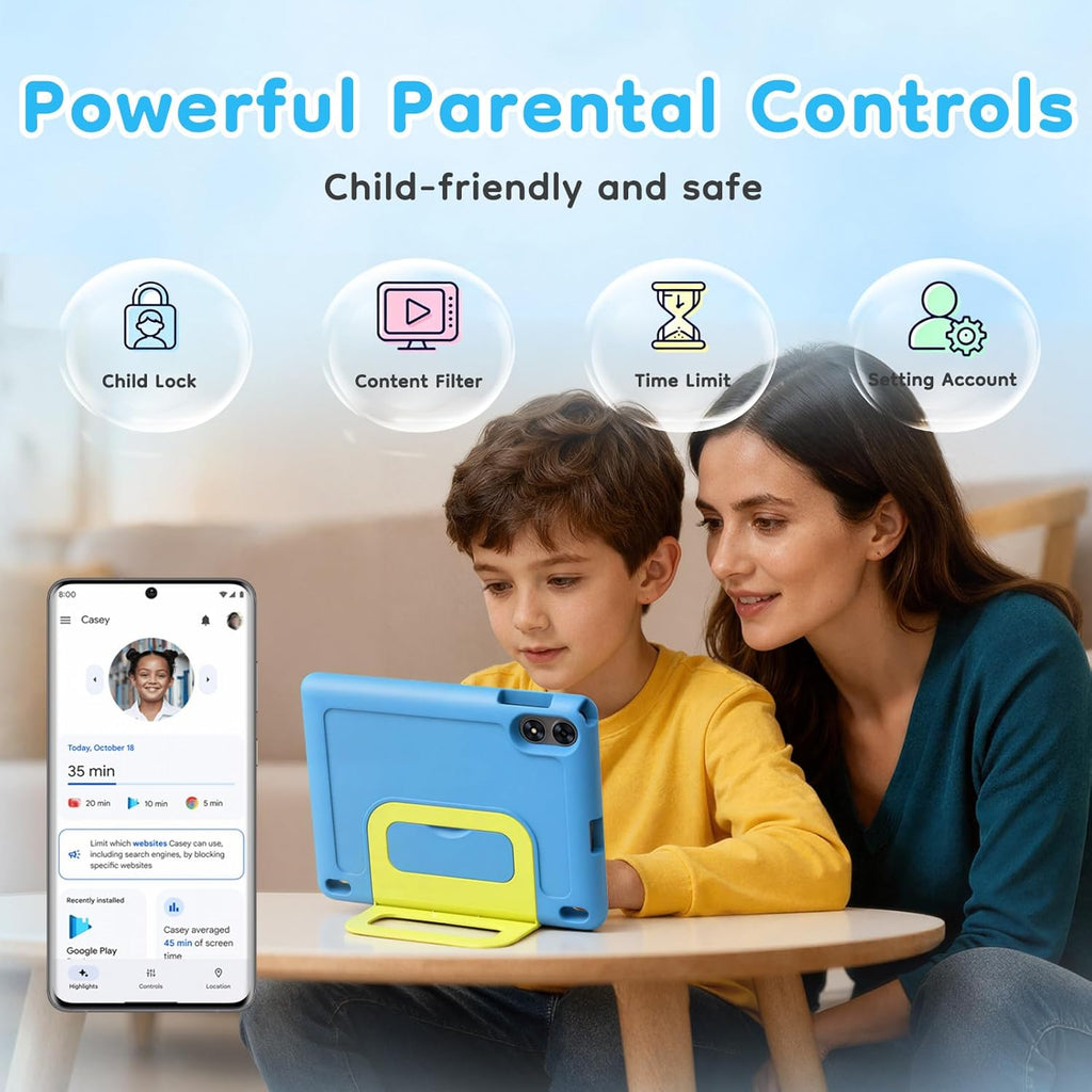 10 inch Kids Tablet, Android Tablet for Kids, 24GB RAM 64GB ROM, 1TB Expandable, with EVA Case, Parental Control, 6600mAh Battery, Dual Camera, BT5.4, WiFi 6, Gift (Blue)