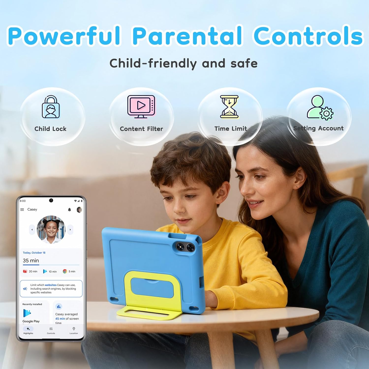 10 inch Kids Tablet, Android Tablet for Kids, 24GB RAM 64GB ROM, 1TB Expandable, with EVA Case, Parental Control, 6600mAh Battery, Dual Camera, BT5.4, WiFi 6, Gift (Blue)