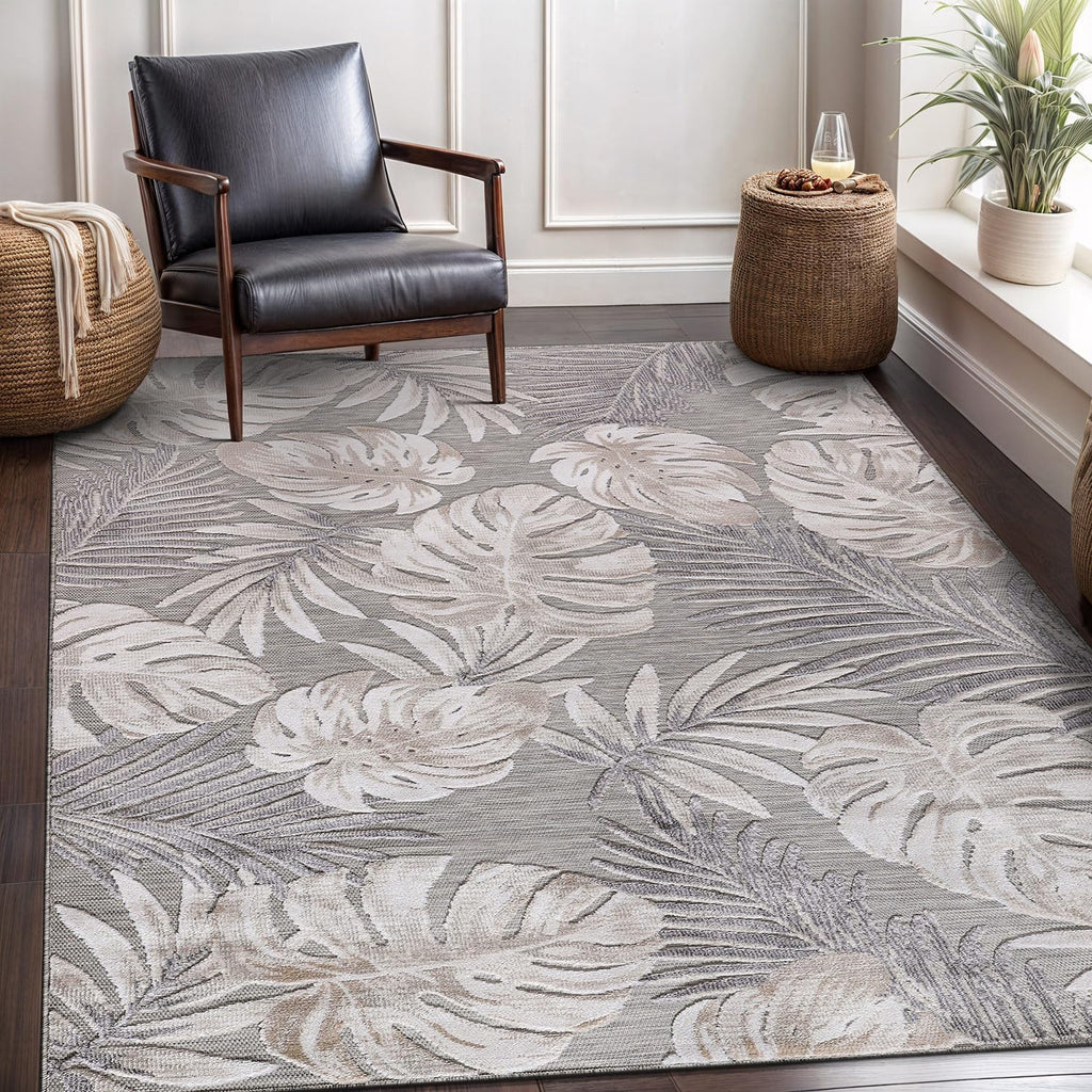 CAMILSON Indoor Outdoor Rug, Beige 6'x9' Leaf Tropical Botanical Area Rugs for Indoor and Outdoor patios, Easy-Cleaning Non-Shedding Living Room, Garden and Kitchen Washable Outside Carpet (6x9)