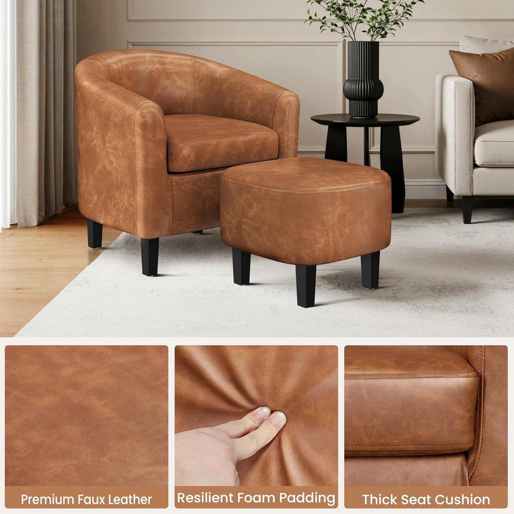 Yaheetech Accent Chair with Ottoman Footstool, PU Leather Modern Upholstered Soft Barrel Chair, Comfy Club Armchair and Footrest Set for Living Room/Bedroom/Reading Room/Guestroom, Brown