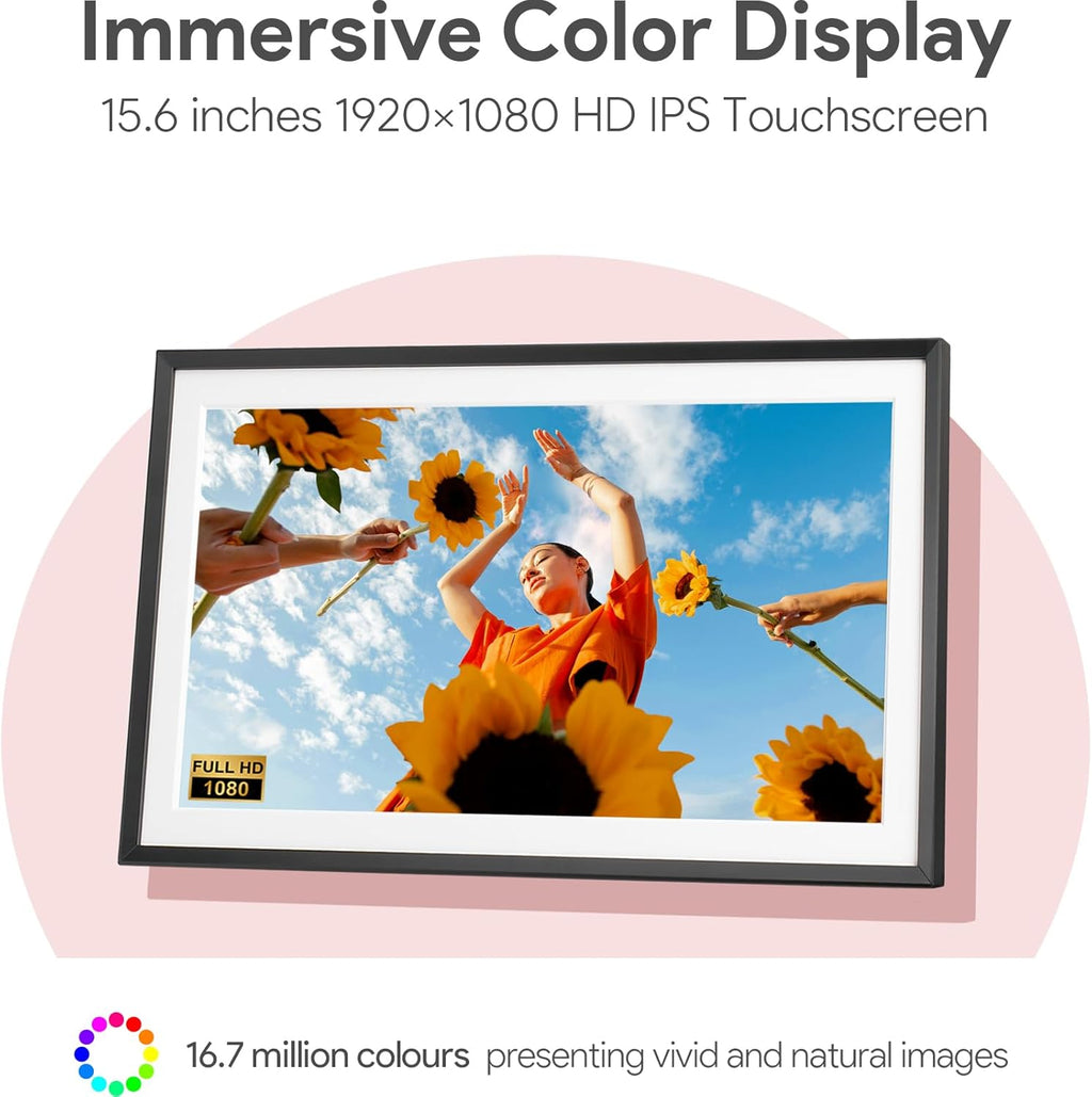 Euphro 15.6'' Digital Picture Frame with 1920x1080 IPS Touch Screen, Smart Digital Photo Frame with 32GB Storage, Easy Setup to Share Photos/Videos via Free App