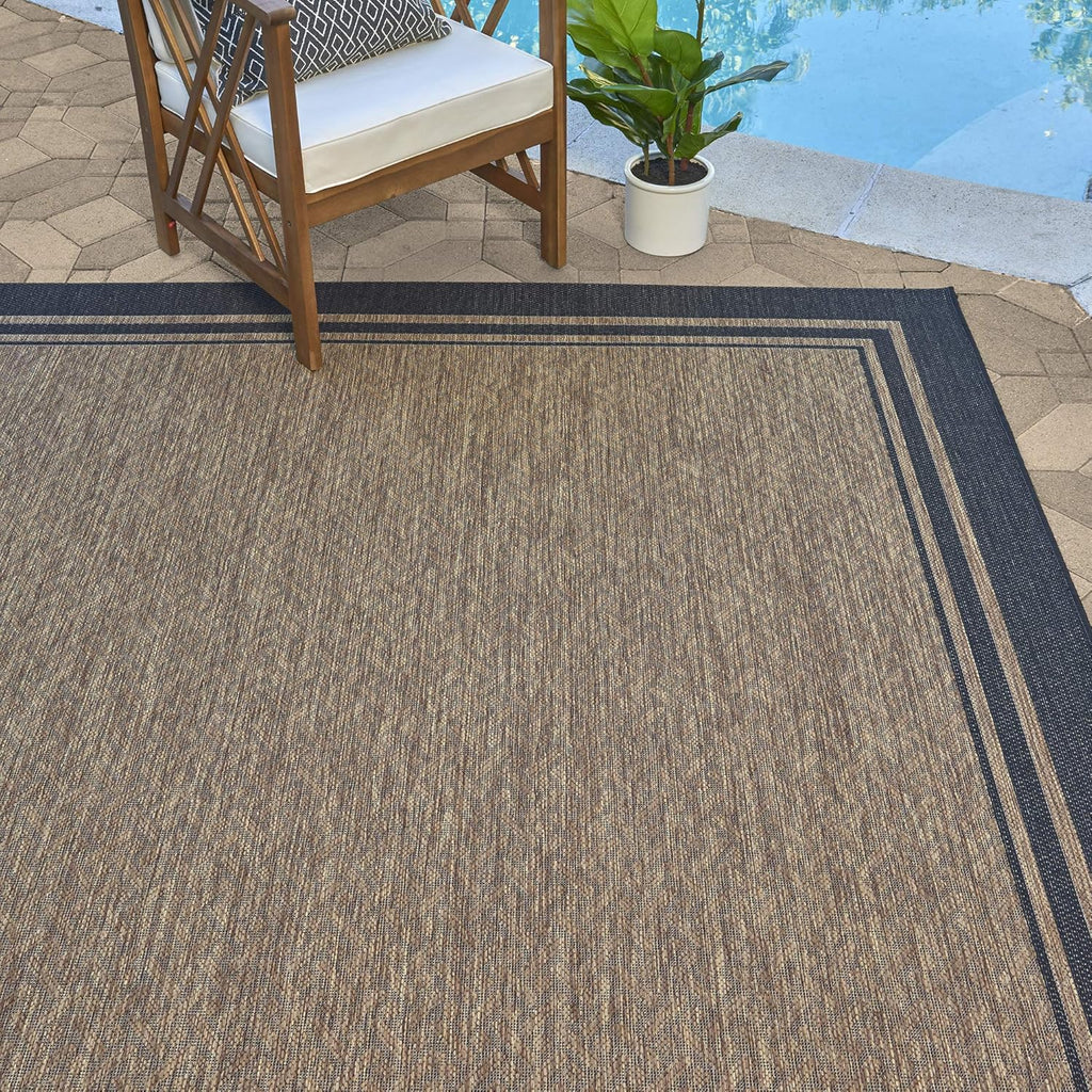 Gertmenian Indoor/Outdoor Flatweave Area Rug - 5x7 Standard, Stain & UV Resistant, Ideal For Deck, Patio, Poolside, Mudroom - Simple Border, Black Tan, 21490