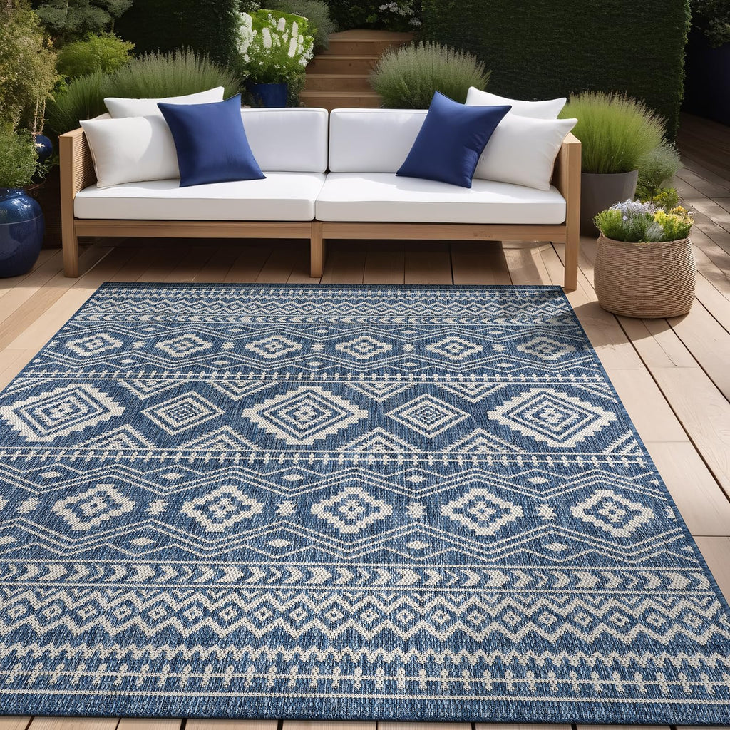Beverly Rug Waikiki Boho Indoor Outdoor Rug 9x12, Washable Outside Carpet for Patio, Deck, Porch, Bohemian Area Rug, Farmhouse Rugs, Aztec Tribal Rug, Azure and White