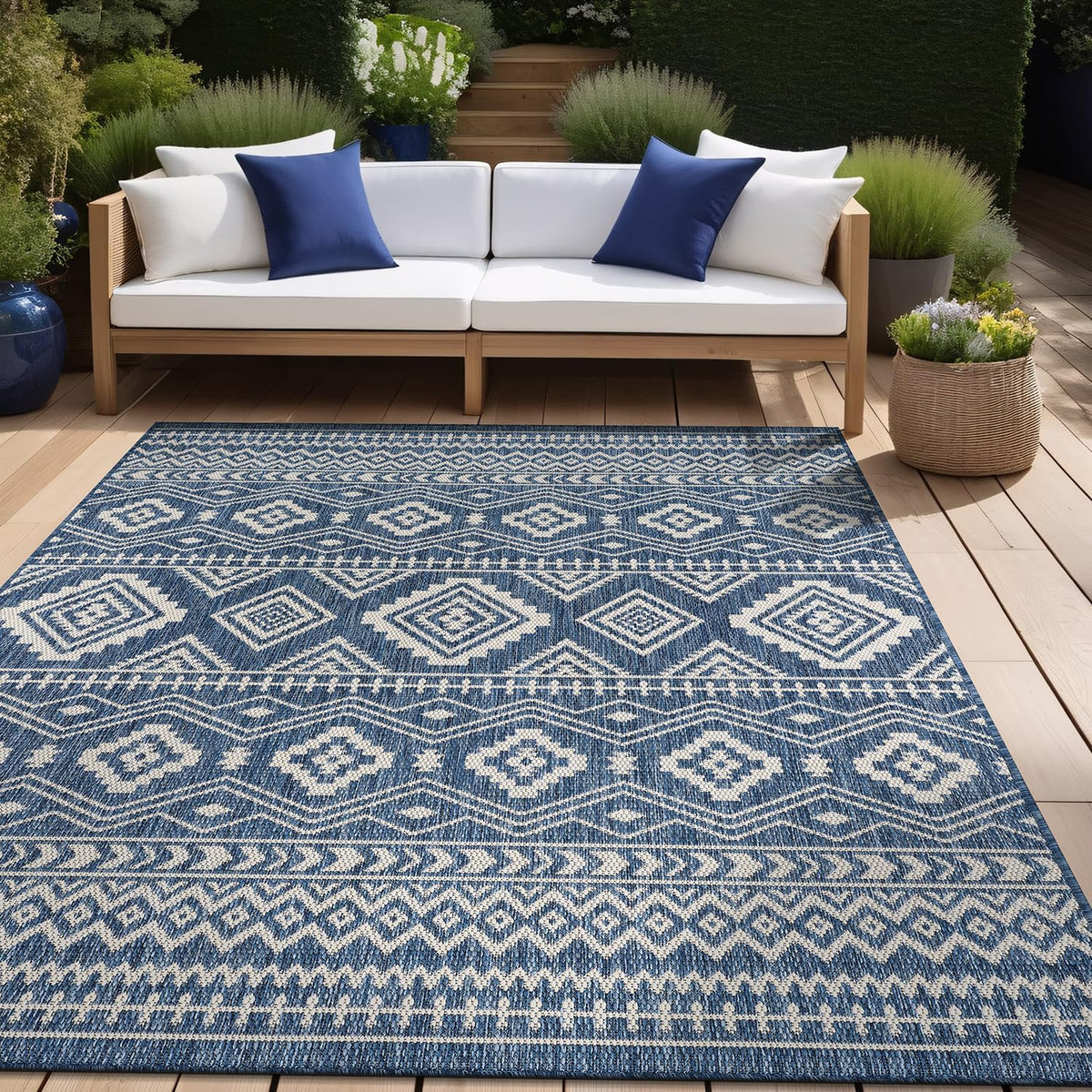 Beverly Rug Waikiki Boho Indoor Outdoor Rug 9x12, Washable Outside Carpet for Patio, Deck, Porch, Bohemian Area Rug, Farmhouse Rugs, Aztec Tribal Rug, Azure and White