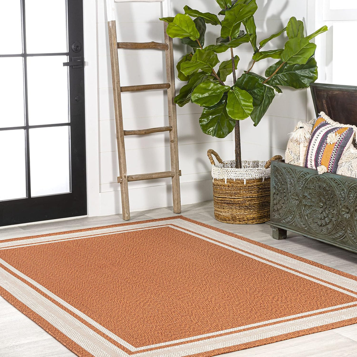 JONATHAN Y Border Stripe Indoor Outdoor Area Rug 8X10 Orange/Cream, James Modern for Backyard, Patio, Porch, Easy-Cleaning, High Traffic, Pet-Friendly, Non-Shedding (SMB201D-8)