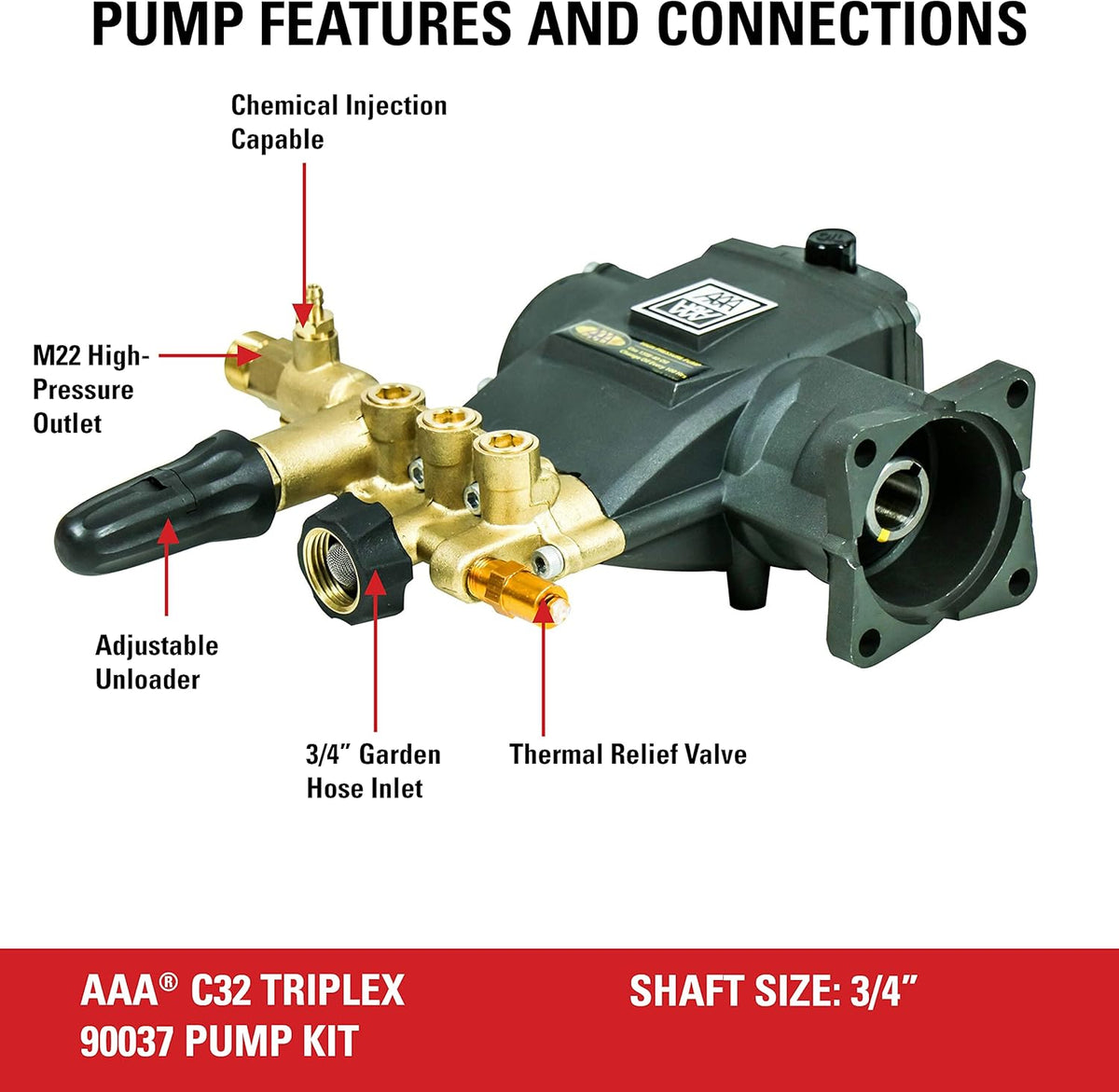 AAA 3700 PSI 2.5 GPM Replacement Triplex Pressure Washer Pump Kit for SIMPSON Gas Power Washer Pumps, 3/4" Shaft, Horizontal Engine Fit, PowerBoost (90037)