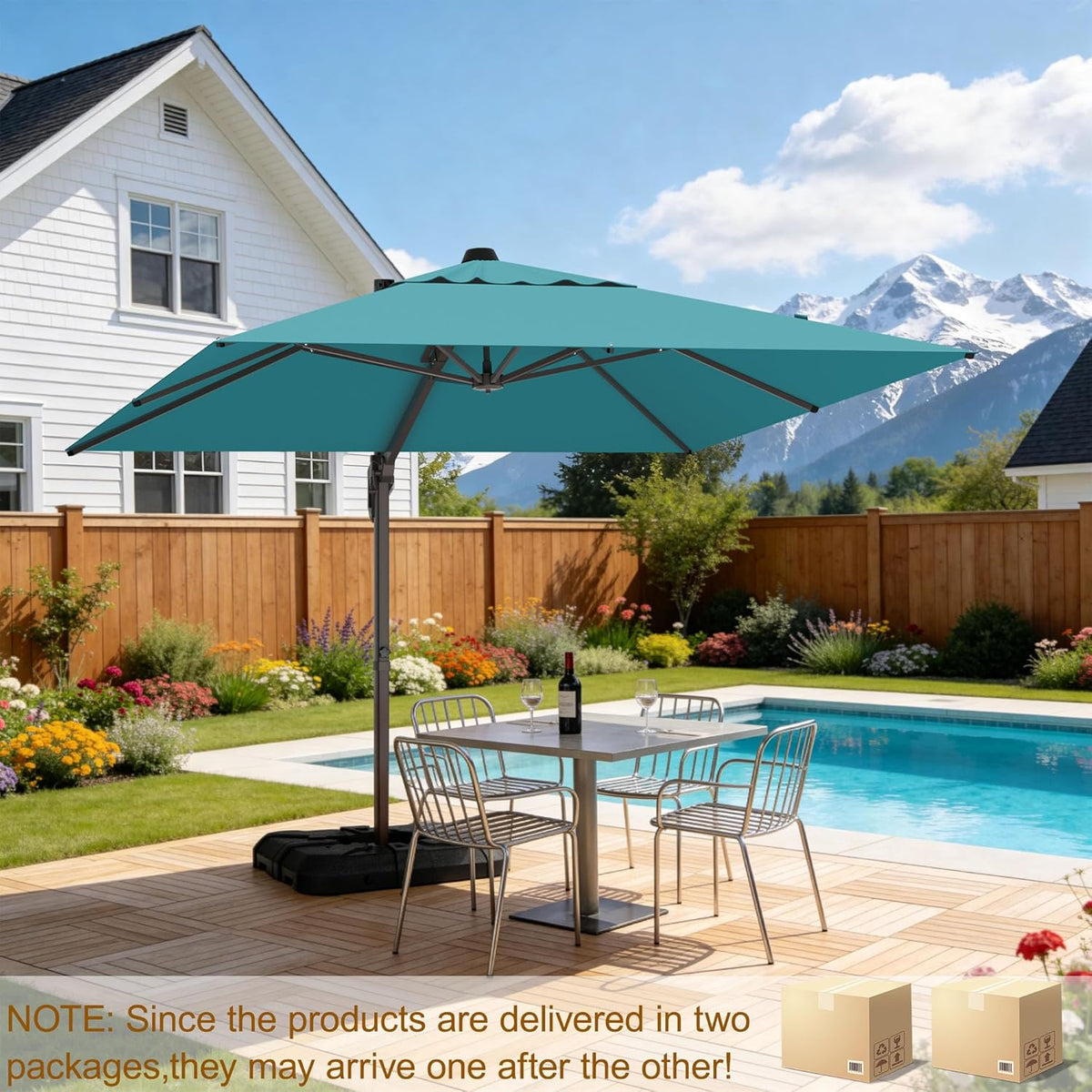 10' X 10' Patio Umbrella Cantilever Outdoor Rectangle Umbrella with Base Included, Heavy Duty 360°Rotation Offset Umbrella for Garden Deck Pool Patio, Turquoise