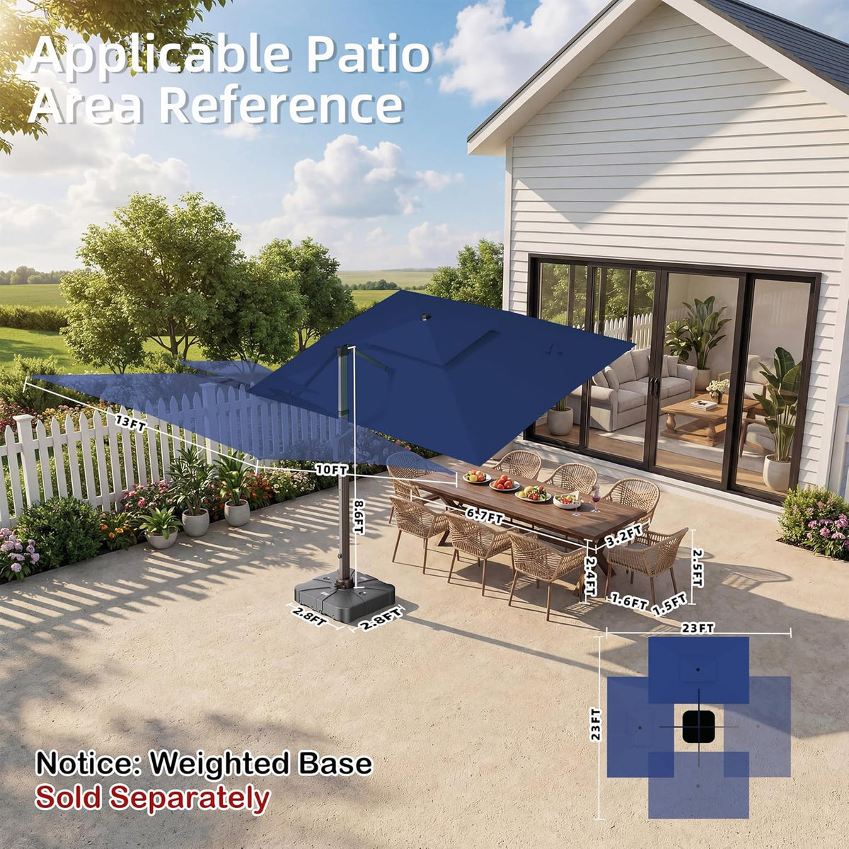 10' X 13' Patio Umbrella with LED Lights Outdoor Cantilever Large Rectangle Offset Umbrellas Heavy Duty Aluminum Double Top with 360-degree Rotation for Pool Garden Deck, Navy