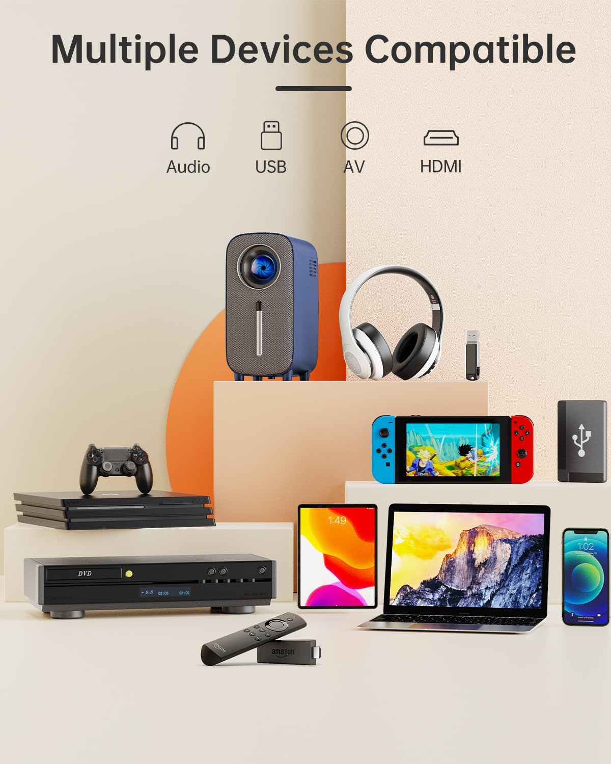 Mini Portable Bluetooth Movie Projector: HISION 1080P 4K Outdoor Home TV Proyector 8500L HD Video Led Projectors Gaming Cinema Theater Camping Support TV Stick Laptop Phone Tablet HDMI USB Blue
